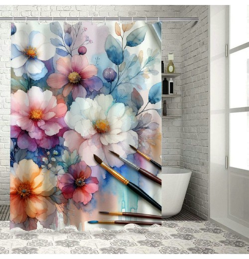 Shangniulu Watercolor Flower Shower Curtain, Summer Flowers in Retro Style Painting Effect Nature is Art,  Fabric Bathroom Decor Set with Hooks