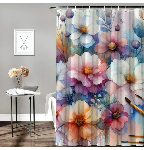 Shangniulu Watercolor Flower Shower Curtain, Summer Flowers in Retro Style Painting Effect Nature is Art,  Fabric Bathroom Decor Set with Hooks