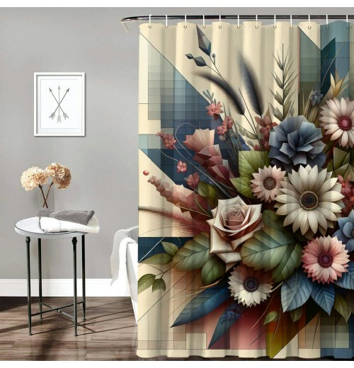 Shangniulu Floral Eucalyptus Shower Curtain, Wild Flower Bouquet Expressive Rustic Seasonal Botanic Artwork,  Fabric Bathroom Decor Set with Hooks