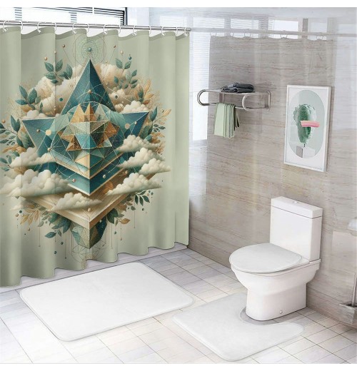 Shangniulu Eucalyptus Leaves Shower Curtain, Rhomboid Shape with Botanical Blooms Leafs on Dreamy Clouds,  Fabric Bathroom Decor Set with Hooks