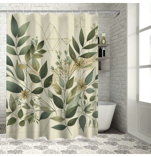 Shangniulu Eucalyptus Leaves Shower Curtain, Modern Minimal Polygonal Shapes Autumn Blooms with Leaf Art,  Fabric Bathroom Decor Set with Hooks