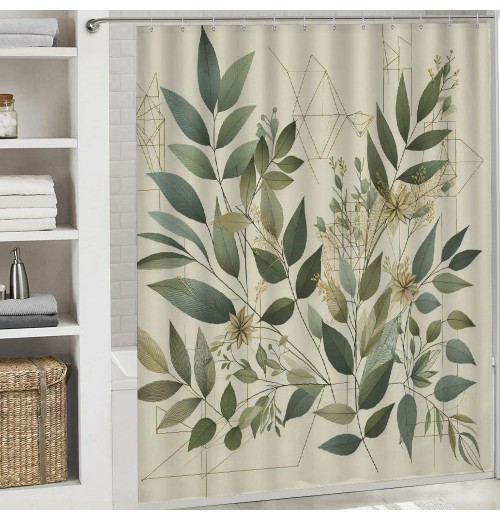 Shangniulu Eucalyptus Leaves Shower Curtain, Modern Minimal Polygonal Shapes Autumn Blooms with Leaf Art,  Fabric Bathroom Decor Set with Hooks