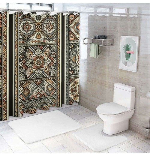 Shangniulu Shower Curtain, Concept Ethnic Ornaments Cultural Inspirations,  Fabric Bathroom Decor Set with Hooks