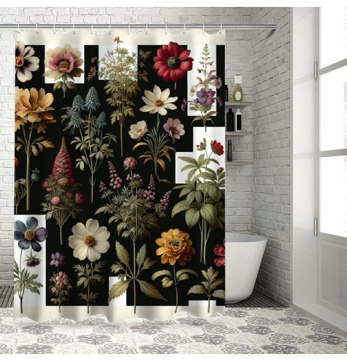 Shangniulu Floral Eucalyptus Shower Curtain, Colorful Blossomy Meadow Wild Flowers Botanical Themed,  Fabric Bathroom Decor Set with Hooks