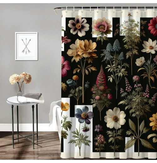 Shangniulu Floral Eucalyptus Shower Curtain, Colorful Blossomy Meadow Wild Flowers Botanical Themed,  Fabric Bathroom Decor Set with Hooks