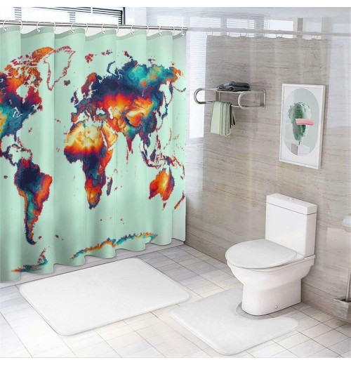 Shangniulu Shower Curtain, Detailed World Map with All Countries Major Capital Cities ,  Fabric Bathroom Decor Set with Hooks