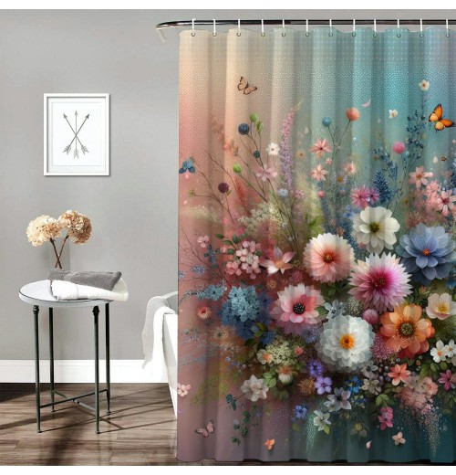 Shangniulu Shower Curtain, Creative Boho Wild Garden Bursting into Flowers Vintage ,  Fabric Bathroom Decor Set with Hooks