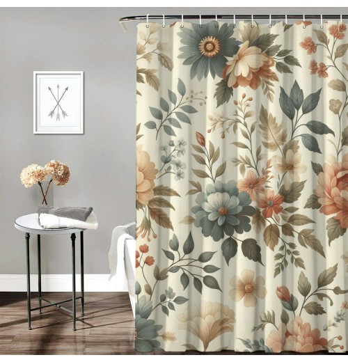 Shangniulu Shower Curtain, Minimal Flowers in Pastel Color Palette ,  Fabric Bathroom Decor Set with Hooks