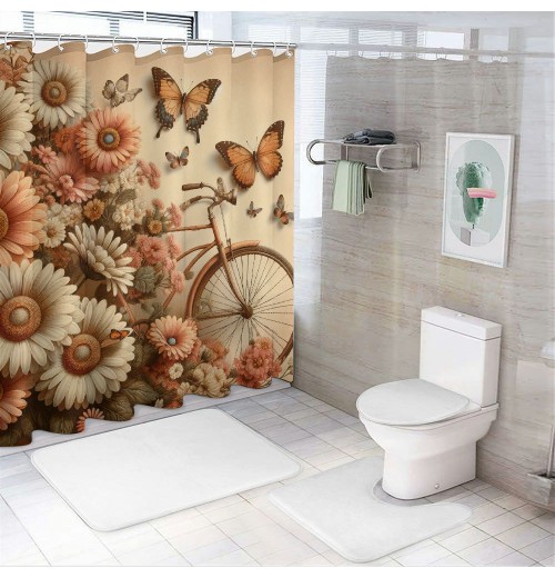 Shangniulu Shower Curtain, with Tender Clouds Butterflies Flowers and ,  Fabric Bathroom Decor Set with Hooks