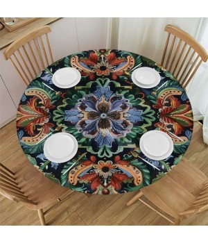 Shangniulu  Printing Round Table with Elastic Edge, Abstract Flower Waterproof Design Round Table Cover, Table Decoration 