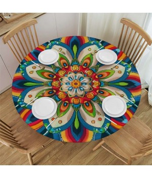 Shangniulu Printing Round Table with Elastic Edge, Abstract Flower Waterproof Design Round Table Cover, Table Decoration 