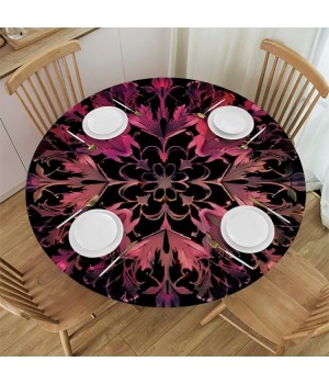 Shangniulu Red and Black Round Table with Elastic Edge, Design Flowers and Leaves Image Table cover, for Restaurant Kitchen Parties