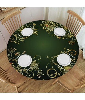 Shangniulu Round Fitted Table, Gold Flowers and Green Background Table Cover, Elastic Edge, Suitable for Wedding/Banquet/Restaurant/Party