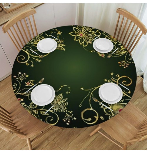 Shangniulu Round Fitted Table, Gold Flowers and Green Background Table Cover, Elastic Edge, Suitable for Wedding/Banquet/Restaurant/Party