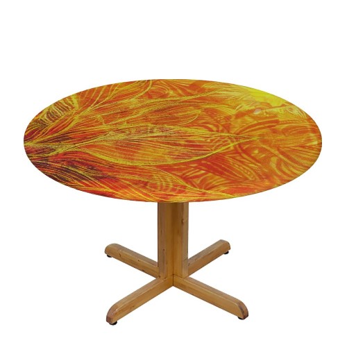 Shangniulu Round Table with Elastic Edge, Motifs Nature Theme with Unique Floral Lines Traditional Art, 3D Printing Design, for Dining Tables, Parties and Camping