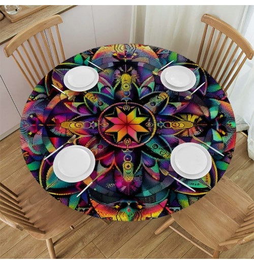 Shangniulu Round Table , Surreal Geometry Background with Futuristic Effects Print, Elastic Edge, Suitable for Wedding/Banquet/Restaurant/Party