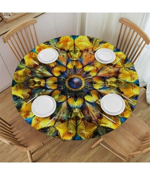 Shangniulu Yellow and Blue Round Fitted Table, with Floral Ornamental Fantasy Rays Pattern, Elastic Edge, Suitable for Restaurant Kitchen Parties