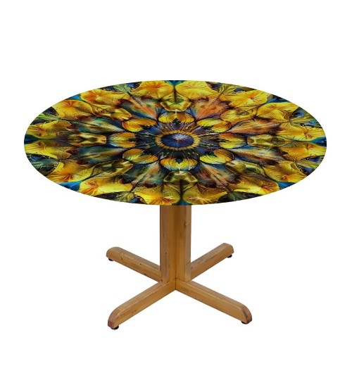 Shangniulu Yellow and Blue Round Fitted Table, with Floral Ornamental Fantasy Rays Pattern, Elastic Edge, Suitable for Restaurant Kitchen Parties