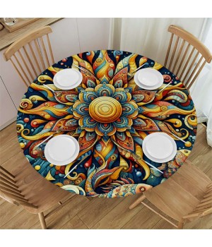 Shangniulu  Round Table Fitted Table Cover with Elastic Edged Ethnic Mandala Flower Floral Fish Waterproof Table  for Party Kitchen Dining Indoor Outdoor Table