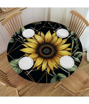 Shangniulu  Round Table Fitted Table Cover with Elastic Edged Geometry Summer Sunflower Waterproof Table  for Party Kitchen Dining Indoor Outdoor Table