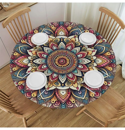 Shangniulu  Round Table Fitted Table Cover with Elastic Edged Ethnic Floral Mandala Retro Pattern Waterproof Table  for Party Kitchen Dining Indoor Outdoor Table