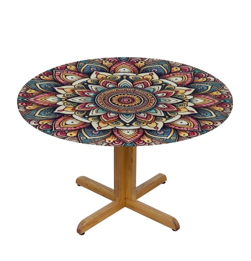 Shangniulu  Round Table Fitted Table Cover with Elastic Edged Ethnic Floral Mandala Retro Pattern Waterproof Table  for Party Kitchen Dining Indoor Outdoor Table