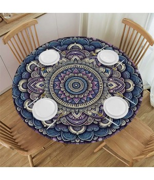 Shangniulu Round Table Fitted Table Cover with Elastic Edged Ethnic Mandala Floral Paisley Floral Waterproof Table  for Party Kitchen Dining Indoor Outdoor Table