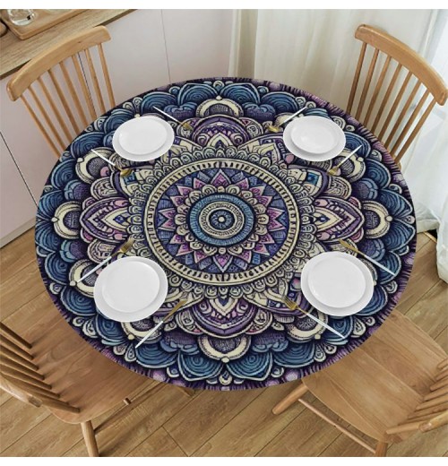 Shangniulu Round Table Fitted Table Cover with Elastic Edged Ethnic Mandala Floral Paisley Floral Waterproof Table  for Party Kitchen Dining Indoor Outdoor Table