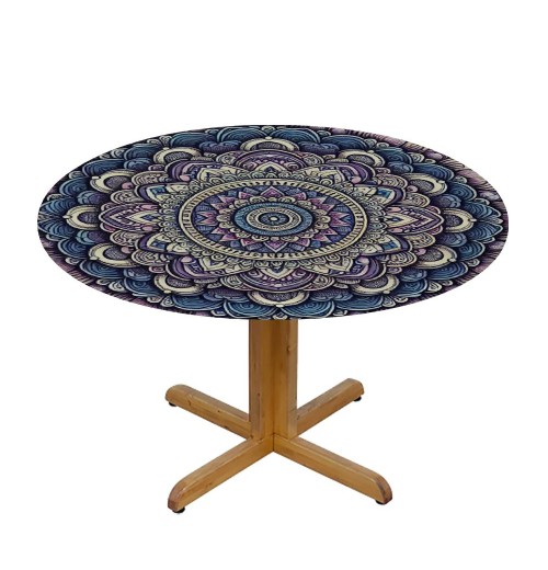 Shangniulu Round Table Fitted Table Cover with Elastic Edged Ethnic Mandala Floral Paisley Floral Waterproof Table  for Party Kitchen Dining Indoor Outdoor Table