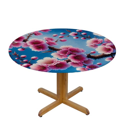 Shangniulu  Round Fitted Table Cherry Blossom Flower Floral Blue Table  with Elastic Edged Waterproof Wipeable Round Table Cover for Patio Parties Outdoor Decor