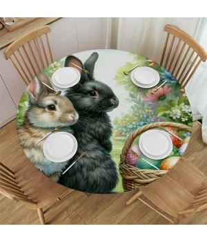 Shangniulu Round Table Fitted Waterproof Table Cover Easter Spring Flower Rabbit ,Elastic Edged Washable Table s for Kitchen Dinning Picnic Party Decor