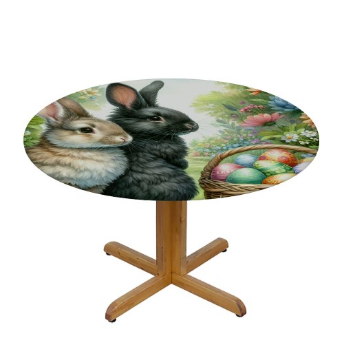 Shangniulu Round Table Fitted Waterproof Table Cover Easter Spring Flower Rabbit ,Elastic Edged Washable Table s for Kitchen Dinning Picnic Party Decor