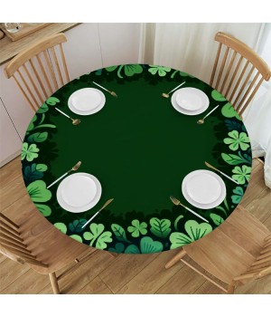 Shangniulu  Round Table Fitted Waterproof Table Cover St. Patrick's Green Clover Leaves,Elastic Edged Washable Table s for Kitchen Dinning Picnic Party Decor Watercolor Shamrock on Green