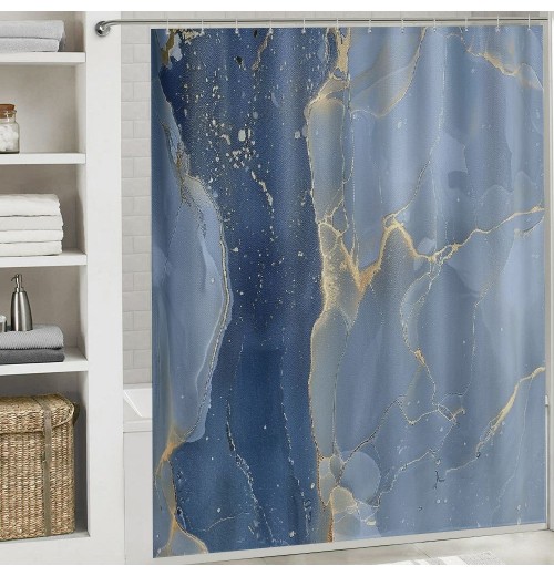 Shangniulu Stall Shower Curtain with Hooks Shower Stall Curtain Light Blue Marble Gold Shower Curtain for Bathroom/RV and Camper