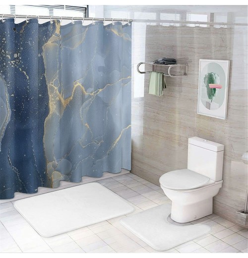 Shangniulu Stall Shower Curtain with Hooks Shower Stall Curtain Light Blue Marble Gold Shower Curtain for Bathroom/RV and Camper