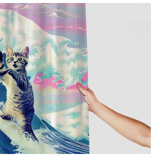 Shangniulu Funny Cat Shower Curtain, Surfer Cat Shower Curtain Battle Blue Ocean for Bathroom with Hooks, Waterproof Kids Bath Shower Curtain Decorative