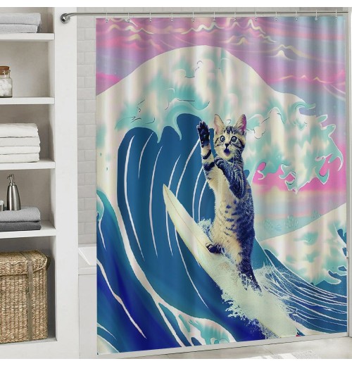 Shangniulu Funny Cat Shower Curtain, Surfer Cat Shower Curtain Battle Blue Ocean for Bathroom with Hooks, Waterproof Kids Bath Shower Curtain Decorative