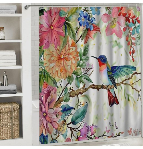 Shangniulu Hummingbird Shower Curtain for Bathroom with Hooks, Polyester Fabric Shower Curtain Set Waterproof Bath Curtain Home Spring Summer Bath Curtain