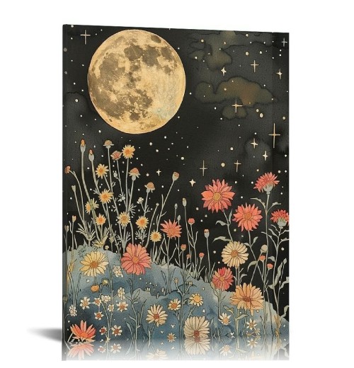 QKZF Vintage Moon Flowers Canvas Wall Art, Retro Mystical Moon Poster, Rustic Orange Yellow Wildflower Print, Botanical Floral Wall Decor