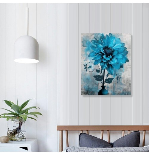 QKZF Abstract Flowers Wall Art Teal Flower Canvas Pictures Rustic Blossom Canvas Painting for Bedroom Bathroom Wall Decor Modern Teal Grey Canvas Prints Contemporary Botanical Wall Art