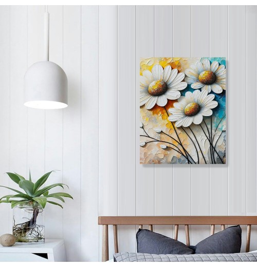 QKZF White Flowers Textured Canvas Wall Art for Living Room, Canvas Wall Art Floral Artwork Modern Flower Pictures Wall Decor Framed Bathroom Bedroom Home (White Flowers)