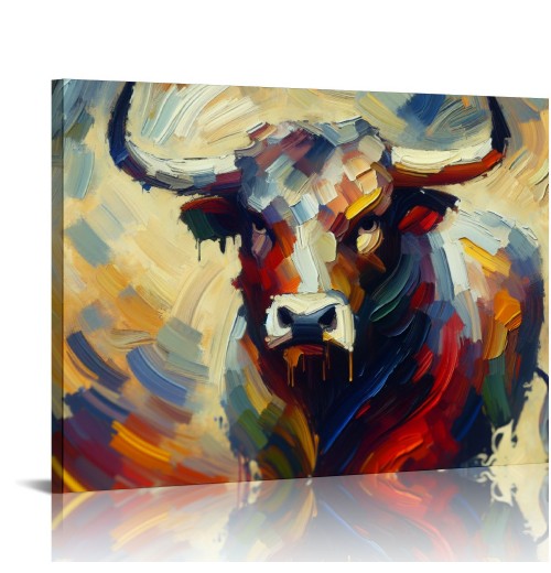 QKZF Cow Canvas Wall Art Colorful Animal Modern Artwork Living Bedroom Bathroom Home Office Decor Framed