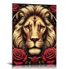 QKZF Lion Framed Canvas Wall Art Red Roses Wall Decor Captivating Close-up of Lion's Face Perfect Modern Home Decor for Living Room Home Bedroom Decoration