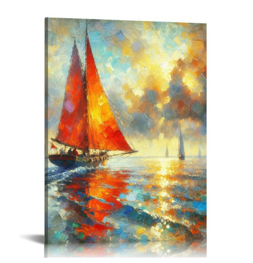 QKZF Abstract Canvas Wall Art Sailboat Oil Paintings for Home Decoration Contemporary Vertical Texture Wall Art Ship Artwork Ready to Hang