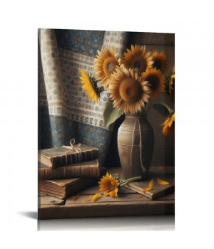 QKZF Sunflowers Wall Art Canvas Decor Print Wood Cross Symbol Inspiring Home Decor for Living Room Home Bedroom Decoration Gift for Friends