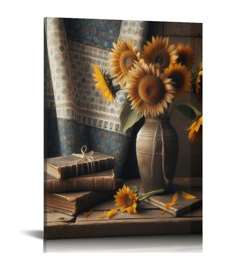 QKZF Sunflowers Wall Art Canvas Decor Print Wood Cross Symbol Inspiring Home Decor for Living Room Home Bedroom Decoration Gift for Friends