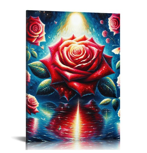 QKZF Red Rose Wall Art Paintings Flower Wall Decor Blue Butterfly and Red Roses Oil Painting Modern Flowers Canvas Painting Artwork for Living Room Bathroom Bedroom Home Decorations&nbsp;