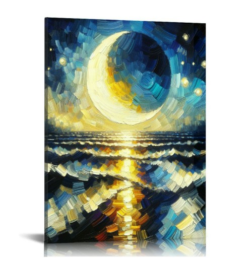 QKZF Moon Over Ocean Canvas Wall Art Painting Canvas Prints Wall for Living Room Bedroom Bathroom Home Decor Ready to Hang