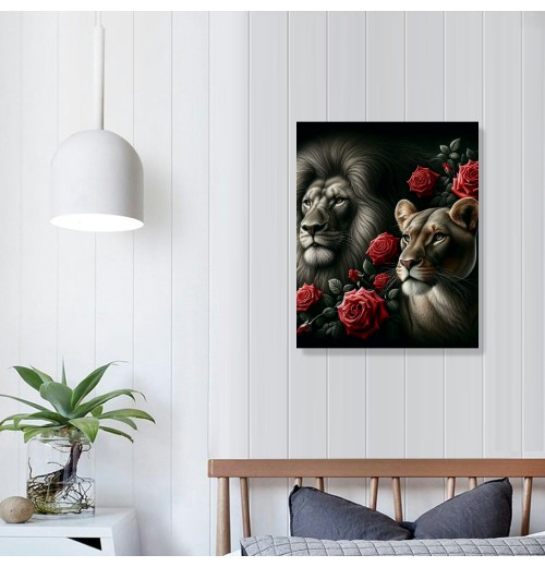 QKZF Lion Framed Canvas Wall Art Red Rose Decor Lion Animal Canvas Print Enchanting Decor for Living Room Home Bedroom Ready to Hang