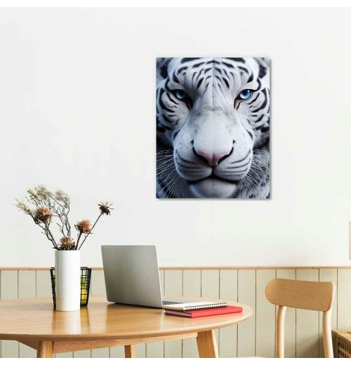 QKZF White Wall Art Wild Animal Portrait Picture Wall Decor Blue Eyed Tiger Prints on Canvas Posters Modern Home Decor for Living Room Kids Room Stretched and Framed Artwork